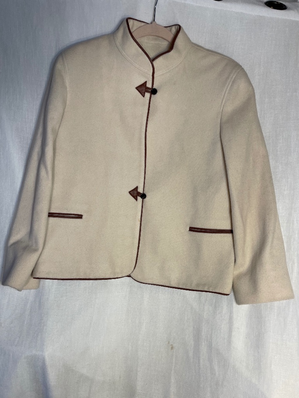Cream Short Toggle Coat with Brown Trim